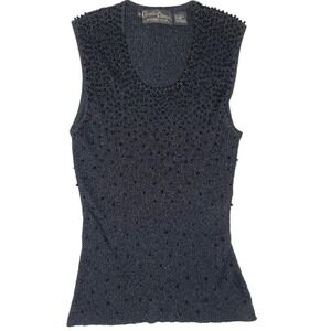 Christine Phillipe Vintage 90s Beaded‎ Metallic Knit Shell Top Black Silver Med